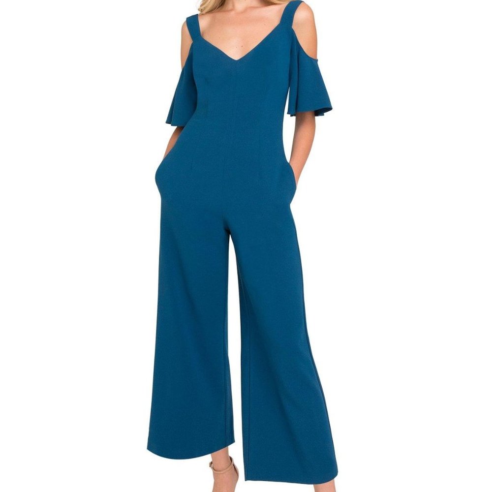Black Halo Monaco Cropped Cold-shoulder Ruffled Cady Jumpsuit 12